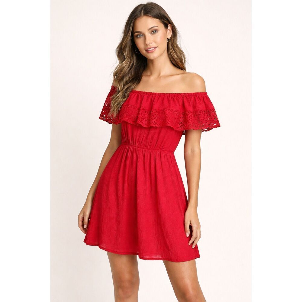 Maude Red Off Shoulder Lace Trim Dress Women’s Small Boho Rayon